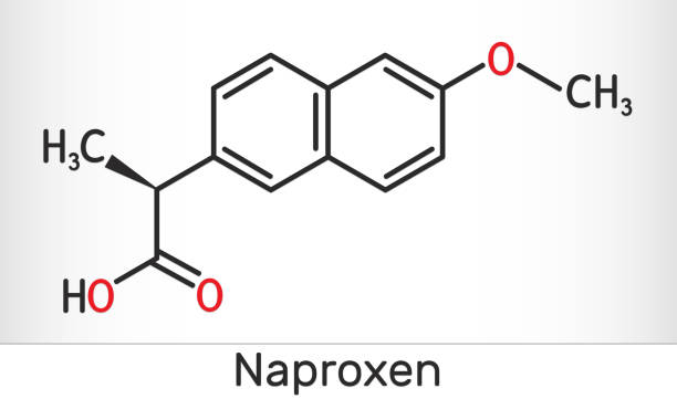 molécula de naproxen c14h14o3. é uma droga anti-inflamatória não esteroide (aine). fórmula química esquelética - structural formula - fotografias e filmes do acervo