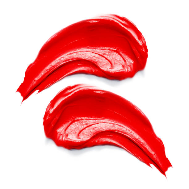 collection of red makeup smudge isolated on white. set of liquid lip gloss swatches. cosmetics bb cosmetic cream . twisted lipstick smear. skin tone cc cream. grooming products. foundation strokes - lipstick make up cosmetics grooming product imagens e fotografias de stock