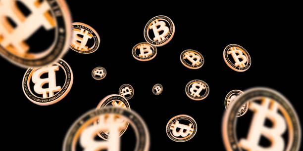 istock Bit coin. Falling Gold Cryptocurrency isolated on dark background. Litecoin, Ethereum CryptoCash 1193697874