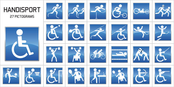 Concept of the development of handisport, with the logos of the main sports disciplines practiced by the disabled Concept of disability and sports performance with pictograms representing the main disciplines of disabled sport at the Olympic Games. handicap logo stock illustrations