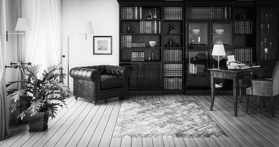 Digitally generated classical home interior (home library) with stylish furniture such as massive bookshelf, home office desk with typewriter and a very comfortable (perfect for reading a good book) Chesterfield armchair. 

This digitally generated image was rendered with photorealistic shaders and lighting in Autodesk® 3ds Max 2016 with V-Ray 3.6 and post-processed with a creative film style for more impact and atmospheric mood.