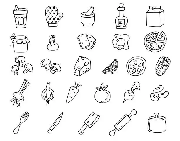 Vector illustration of Kitchen Doodle of Dinnerware and Food