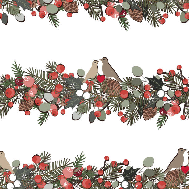 ilustrações, clipart, desenhos animados e ícones de natal padrão sem costura com galhos de abeto, bagas, ilex, eucalipto, pássaros e guirlanda de pinhas. fundo dos feriados - christmas holly frame ivy