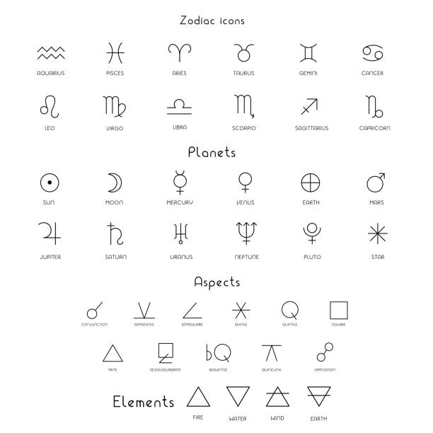 Zodiac sings astrology astronomy symbols, isolated icons Zodiac sings astrology astronomy symbols, isolated icons. Planets, stars pictograms. Big esoteric set in line art black and white color geometric. Vector illustrations alchemy symbols stock illustrations