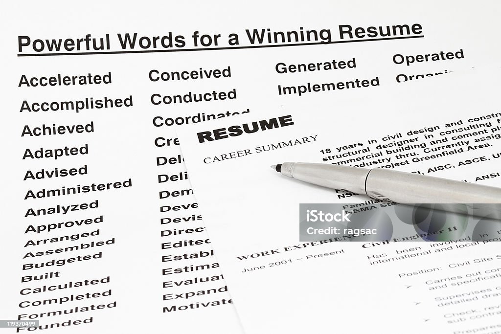 Powerful words for winning resume  Biography Stock Photo