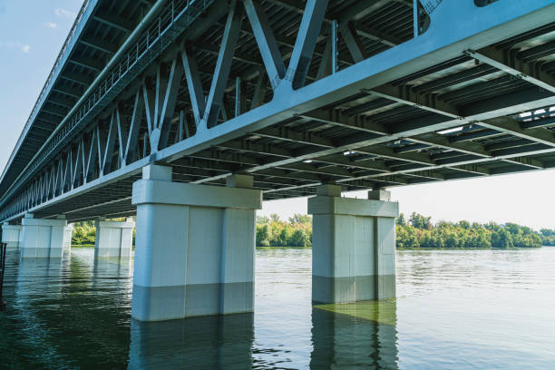 Steel bridge structure, view from below and close up. Big bridge construction across the river in summer, Kiev, Ukraine