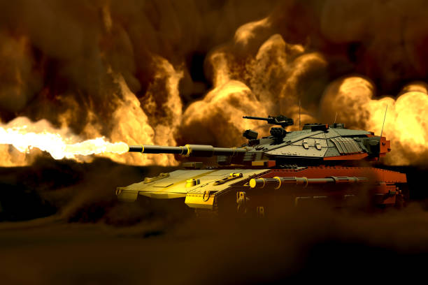 istock forest colored modern tank with fictional design in combat shoots with fire around, call of duty concept - military 3D Illustration 1193706608