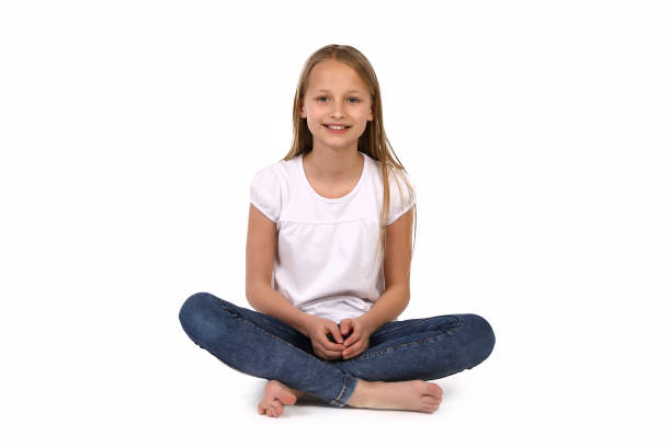 Blonde girl sits in the studio