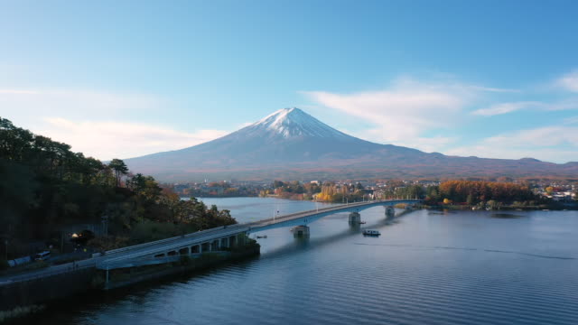 Aerial view 4k video by drone of Mount Fuji and bridge at Kawaguchi lake, Japan.