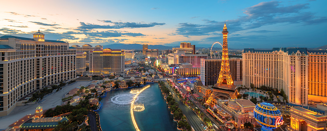 Panoramic view of Las Vegas Strip as seen at sunset on July 4, 2019 in Las Vegas, USA. The Strip is home to the largest hotels and casinos in the world.