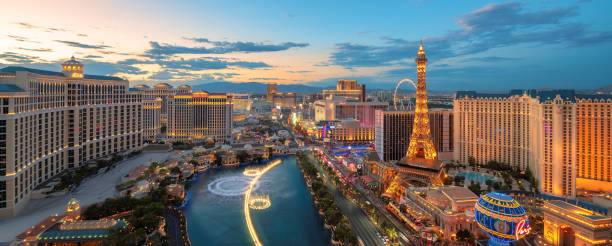 Panoramic view of Las Vegas Strip Panoramic view of Las Vegas Strip as seen at sunset on July 4, 2019 in Las Vegas, USA. The Strip is home to the largest hotels and casinos in the world. las vegas stock pictures, royalty-free photos & images