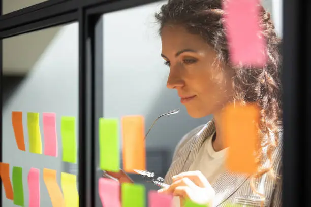 Photo of Thoughtful young female boss team leader looking at kanban board.