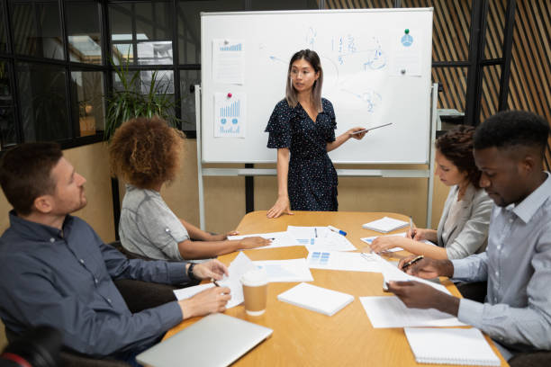 istock Young vietnamese team leader presenting project to mixed race colleagues 1193713054