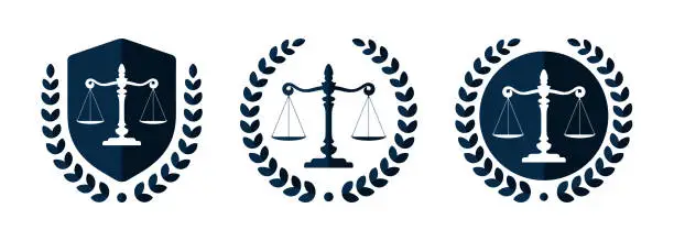 Vector illustration of Law firm logo set. Law office logotypes set with scales of justice. Symbols of legal centers or law advocates. Scales of justice icons.