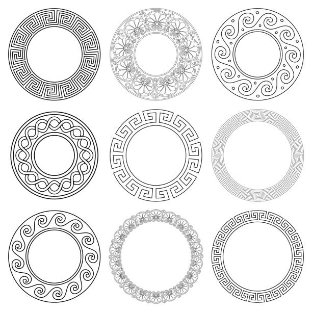 Ancient Greek mandala vector pattern set with stroke - seamless key pattern, frame and border collection from Greece for adults coloring book Vector mandalas repetitive design - black Greek vase patterns isolated on white greek architecture stock illustrations