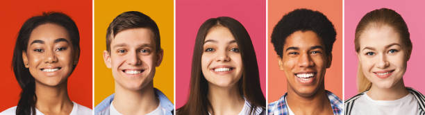 Portrait's collage. Diverse teens smiling at colorful backgrounds