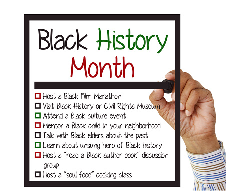 Black History Month list of activities to do hand writing underline white background