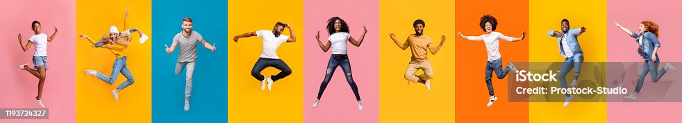 istock Collage of positive multiracial young people jumping over colorful backgrounds 1193724327