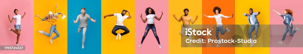 Collage of positive multiracial young people jumping over colorful backgrounds Collage of cheerful multiracial young people jumping over colorful backgrounds, panorama People Stock Photo
