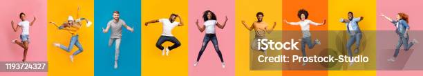 Collage Of Positive Multiracial Young People Jumping Over Colorful Backgrounds Stock Photo - Download Image Now