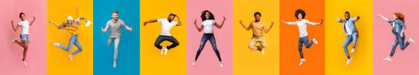 Collage of cheerful multiracial young people jumping over colorful backgrounds, panorama