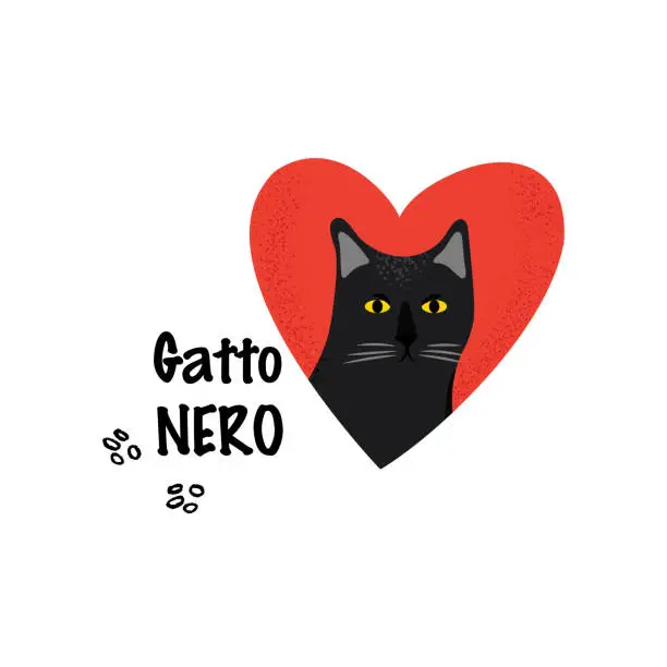 Vector illustration of Black Cat. Greeting card for a traditional Italian holiday.