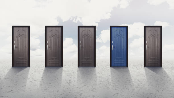 istock Blue door among four grey doors over sky background 1193725483