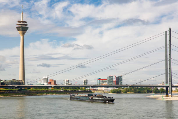 Dusseldorf, NRW, Germany - July 31, 2019: TV Tower at the river Rhein in harbor of Dusseldorf