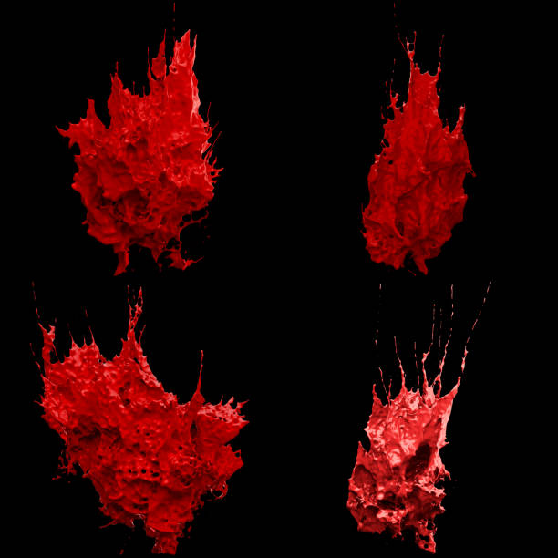 Set of 3D Red Paint Splash Renderings isolated on black background..