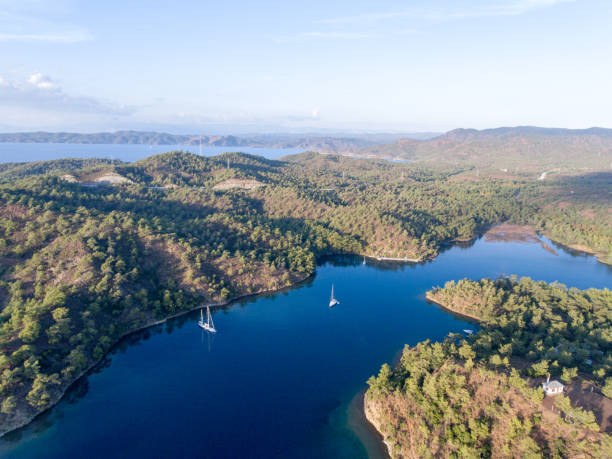 aerial view a remote place in the mediterranean sea - greece blue forest national landmark imagens e fotografias de stock