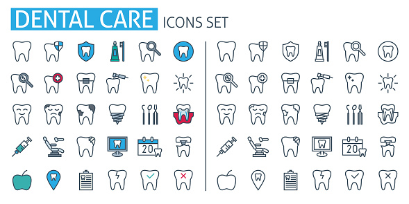 Dental care poster template. Thin line icons set. Dentistry services web symbols outline flat with Dentist Tools and Equipment. For treatment, prosthetics, products, Cosmetic, mobile app medicine