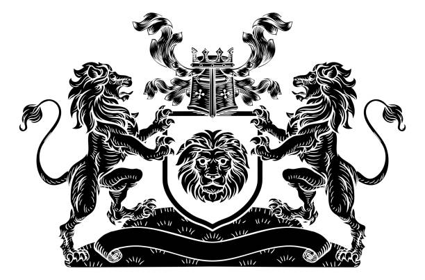 Lion Heraldic Coat of Arms Shield Crest Emblem A medieval heraldic coat of arms emblem featuring lion supporters flanking a shield charge with knights helmet great helm and crown crest and filigree leaf mantling in a vintage retro woodblock style. black family crest stock illustrations