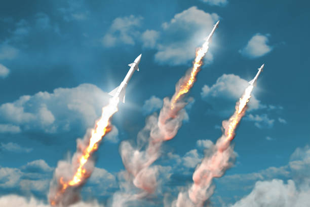 istock supersonic warheads launch - modern strategic nuclear rocket weapons concept on the sky background, military 3D Illustration 1193732169