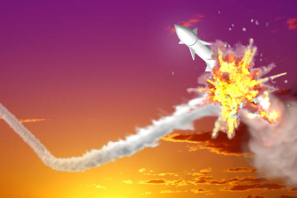 istock Strategic rocket destroyed in air on sunset sky background, nuclear missile interception concept - missile defense military industrial 3D illustration 1193732172