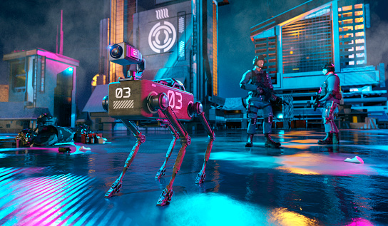 Concept of near future when robot dogs are used to assist police forces on assignments. The robot dog in the image has a camera mounted on top of the body. The dog stands in the middle of a city at night and two police men or two persons from the military standing in the background with weapons.
