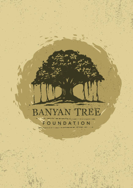 illustrations, cliparts, dessins animés et icônes de banyan tree emblem vector design concept sur fond rugueux. - rusty symbol wood backgrounds
