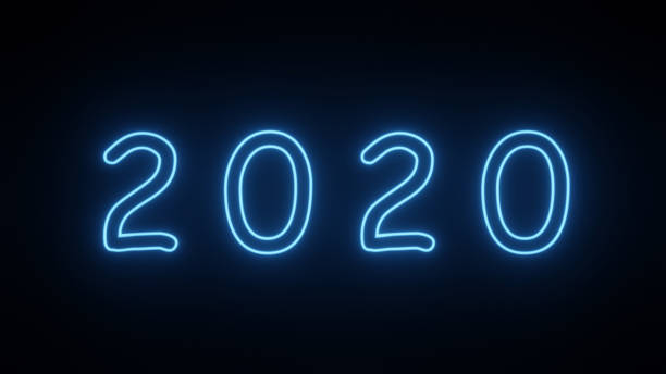 istock Close up view of blue neon light 2020 on black background. 1193736415