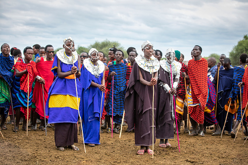 Same, Tanzania, 7th June 2019: maasai women in colorful clothing, dressed up for a party