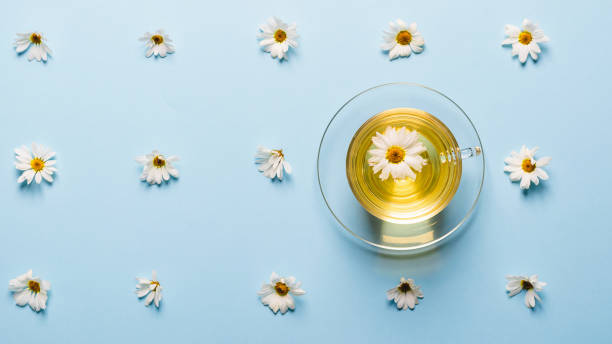 istock Floral summer background. A mug flowered chamomile tea on a blue background with spread flowers. The concept summer mood 1193738673