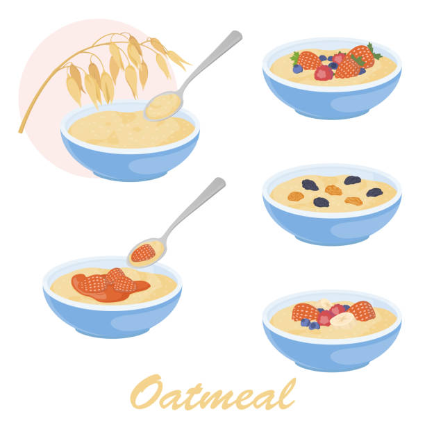 ilustraciones, imágenes clip art, dibujos animados e iconos de stock de conjunto de ilustración de avena con diferentes ingredientes. vector de stock aislado sobre fondo blanco. diseño de alimentos saludables. icono de avena y avena. - oatmeal porridge oat raisin