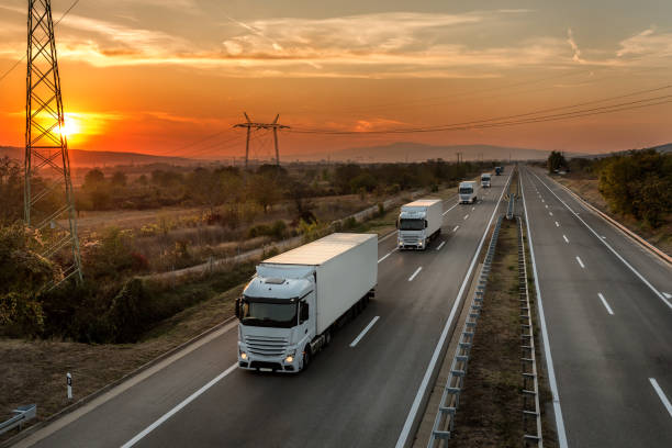 Convoy of white lorry trucks on a highway at sunset Convoy of blue lorry trucks on a country highway under amazing orange sunset sky. Highway transportation with white lorry tracks in caravan or convoy convoy stock pictures, royalty-free photos & images