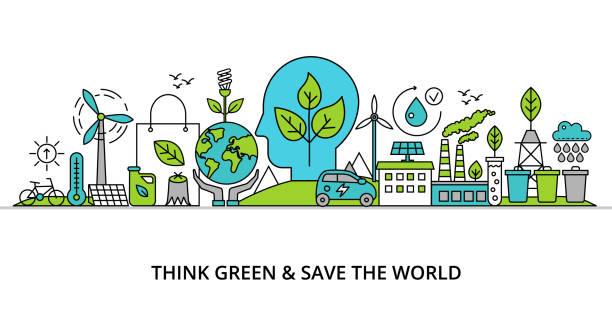 illustrations, cliparts, dessins animés et icônes de concept de penser vert et sauver le monde - thinking green