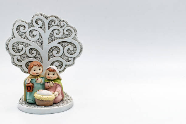 istock Nativity scene isolated on white background with board to write. Traditional christmas decoration 1193742152