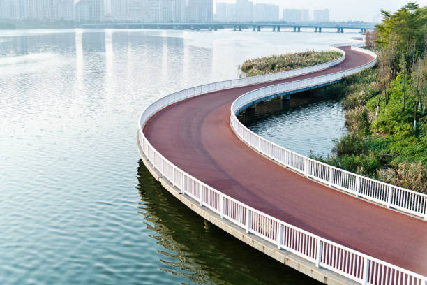 istock Red bridge by the sea 1193742483