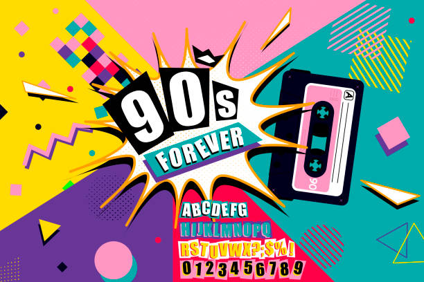 Colourful 90s Forever poster design with burst effect, old audio cassette tape, alphabet and numbers on a vivid geometric background, vector illustration