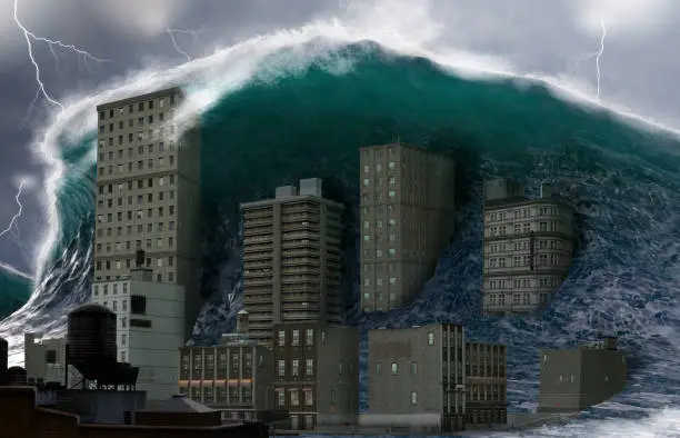 Apocalyptic dramatic scene, a giant tsunami tidal wave crashing a coastal town, natural disaster catastrophe, 3d render