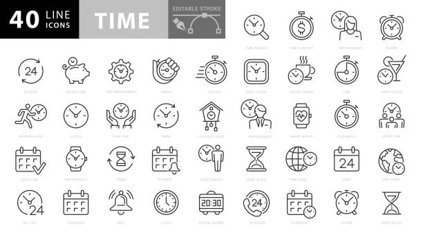 illustrations, cliparts, dessins animés et icônes de icônes de ligne de temps et d'horloge. accident vasculaire cérébral modifiable. pixel parfait. pour mobile et web - chronomètre