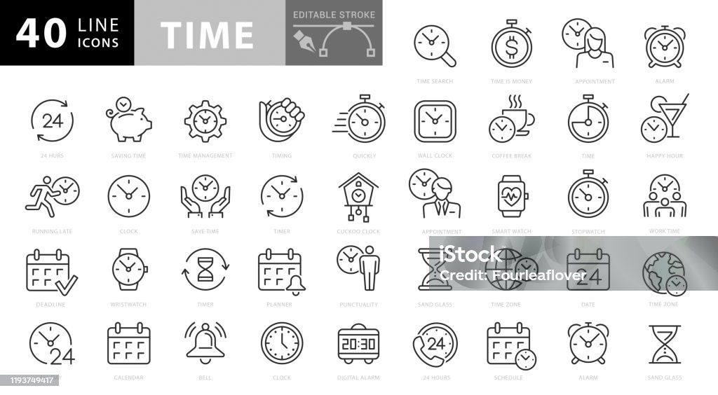 Saat ve Saat Çizgisi Simgeleri. Kullanılabilir Vuruş. Piksel Mükemmel. Mobil ve Web için - Royalty-free Simge Vector Art