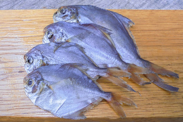 five dry salted piranha fish lie on their side on a wooden board. view from above five dry salted piranha fish lie on their side on a wooden board. view from above silver piranha fish stock pictures, royalty-free photos & images