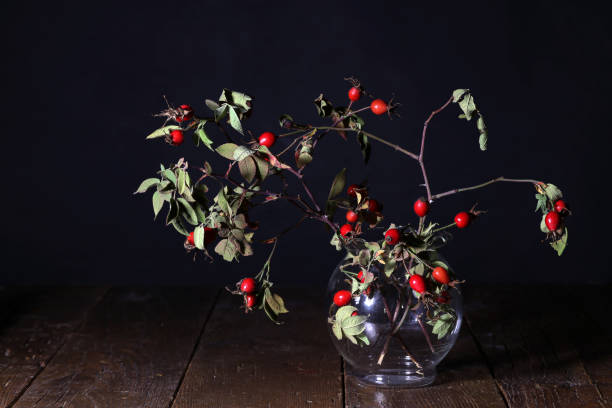 istock Glass vase with red rosehip stands on the table 1193751683